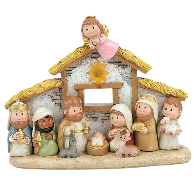 Adorno de belén navideño de resina en miniatura de dibujos animados con luz Escultura navideña Hermosa artesanía decorativa para mesa 8x3x6 pulgadas
