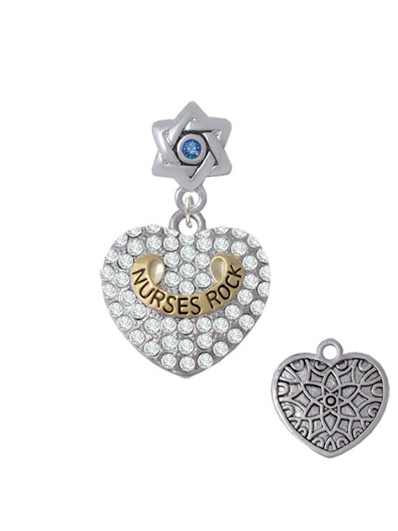 Gold Tone 'Nurses Rock' on Clear Crystal Heart - Star of David with Blue Crystal Charm Bead