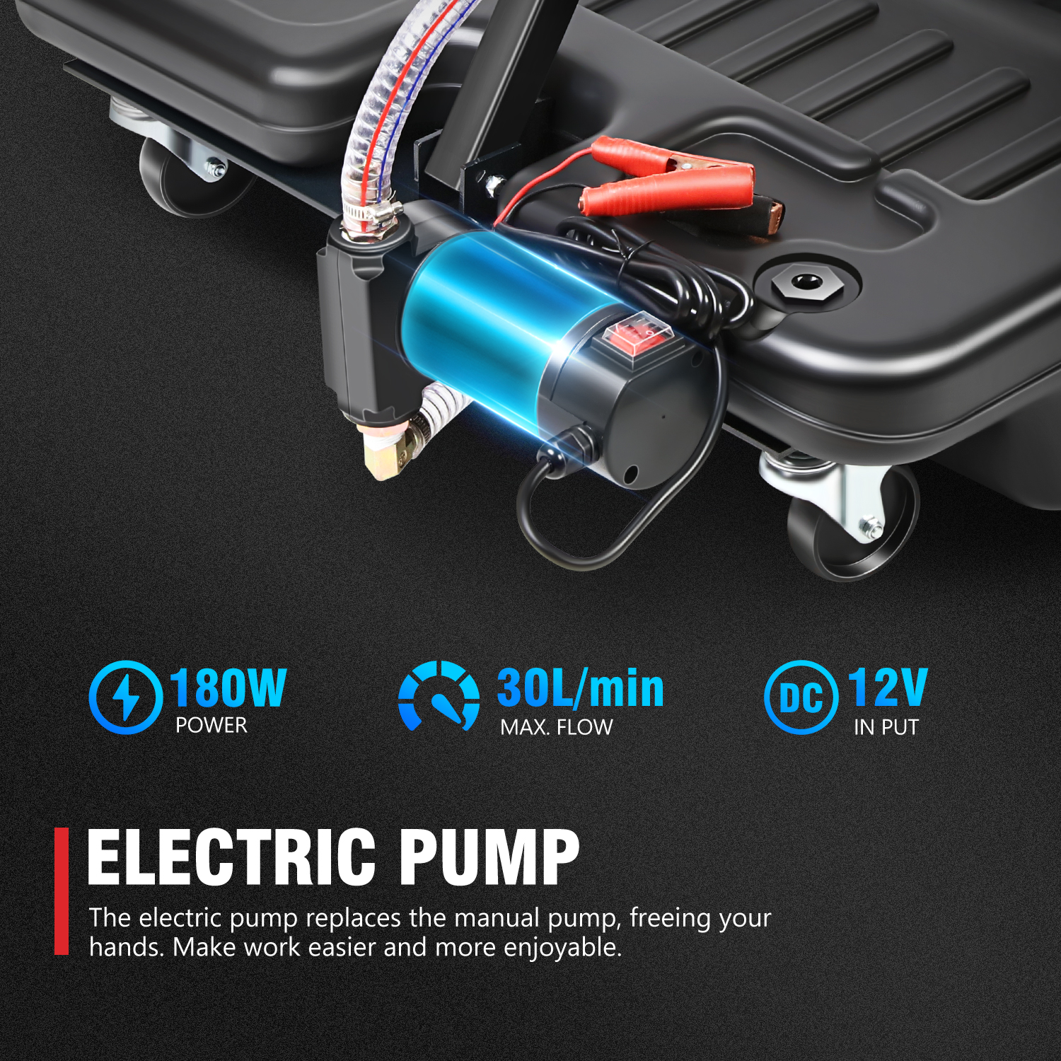 17 Gallon Electric Oil Drain Pan with Pump, Evacuation Hose, T-Handle, Low Profile for Trucks Buses RVs