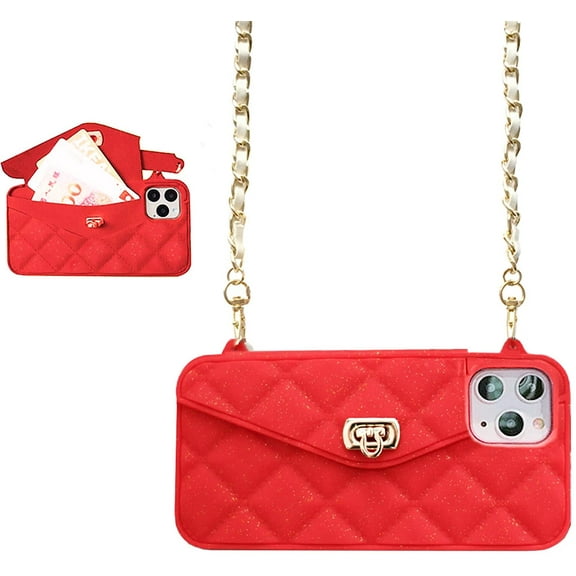 Wallet Case Compatible with iPhone 11 Pro Max, Cute Light Luxury Bag Design, Purse Flip Card Pouch Cover Soft Silicone Case with Handstrap Long Shoulder Strap (Red, iPhone 11 Pro Max)