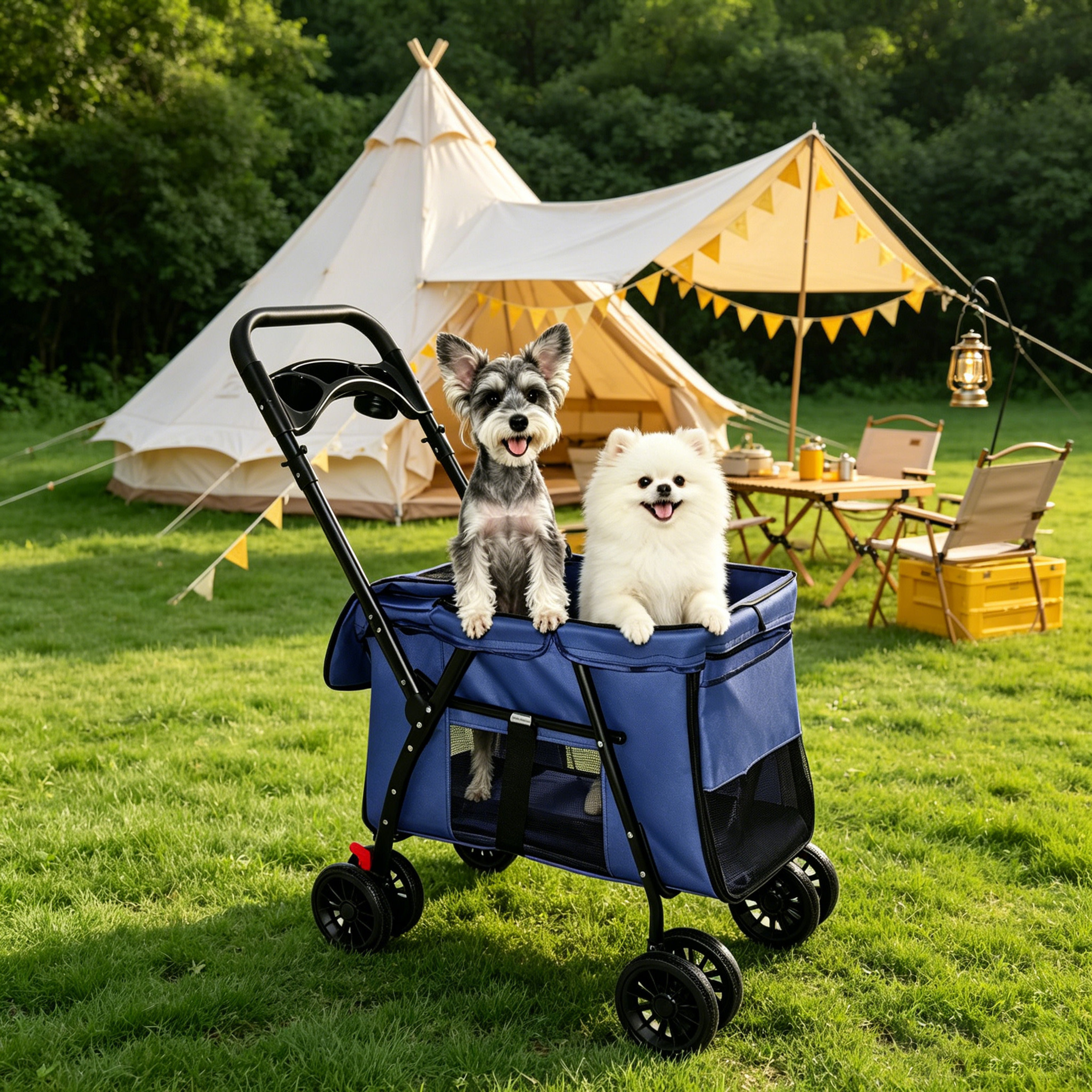 Noble House Foldable Pet Stroller for Small Medium Dogs and Cats with Mesh Canopy, Storage Tray, Navy Blue
