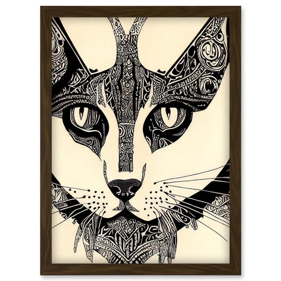 Tribal Tattoo Cat Abstract Pencil Sketch Face Artwork Framed Wall Art Print A4