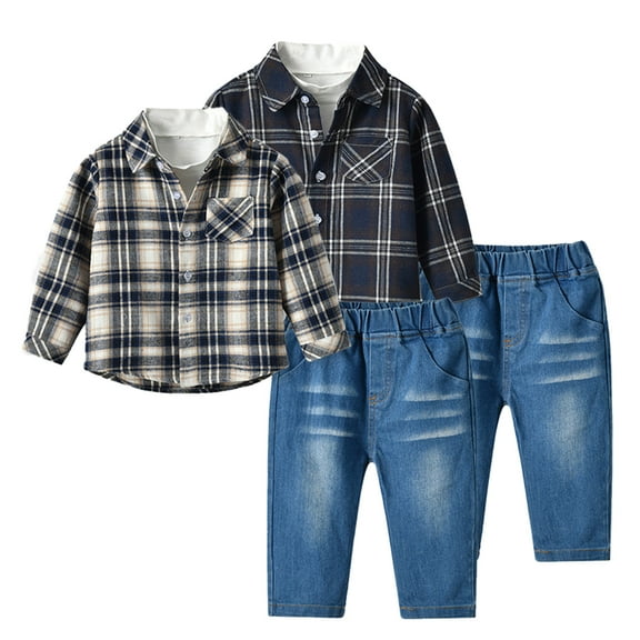 KYAIGUO Kids Toddler Boys 3PCS Clothes Outfit Baby Spring Fall Casual Plaid Floral Shirt Long Sleeve T-Shirt Jeans Pants Suits ,Size 12M-7Y