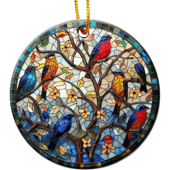 Stained Glass Birds on Tree Christmas Ceramic Round Ornament, Xmas Tree Holiday Keepsake Gift With Gift Box Included - Christmas Ornament - Holiday Tree Decoration - Ceramic...