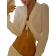 thumbnail image 3 of Women Tie-up Crop Tops Adults Y2k Sexy Solid Color Long Sleeve V-Neck Fur Trim Cardigan, 3 of 5