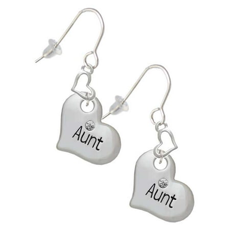 Silvertone Large ''Aunt'' Heart with Clear Crystal Heart French Earrings