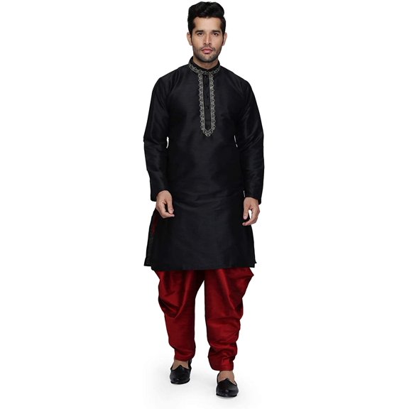 Royal Kurta Mens Silk Blend Kurta Salwar Set (40, Black-Maroon)