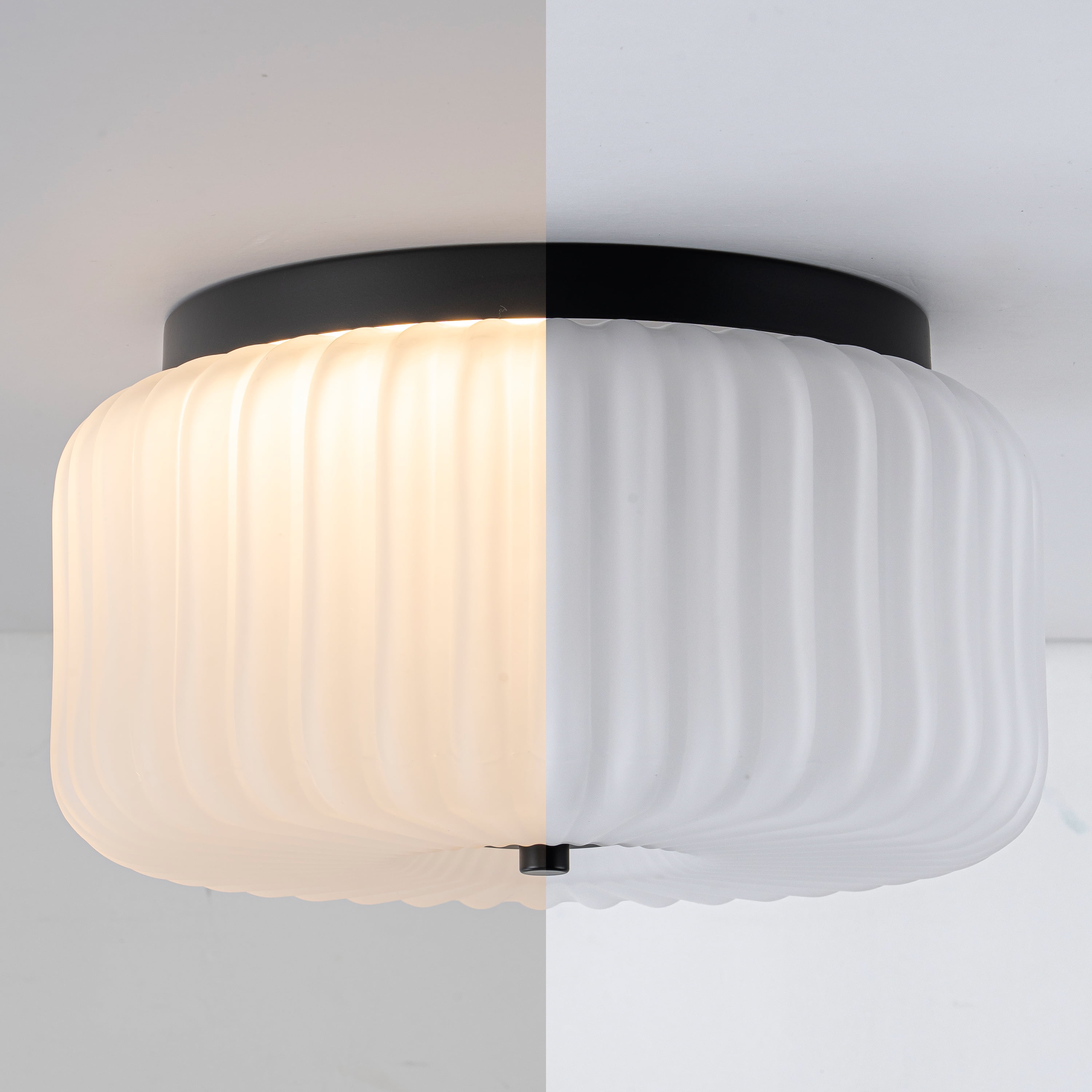 C Cattleya 10.75 in. Black Flush Mount Ceiling Light with White Ribbed Glass Shade
