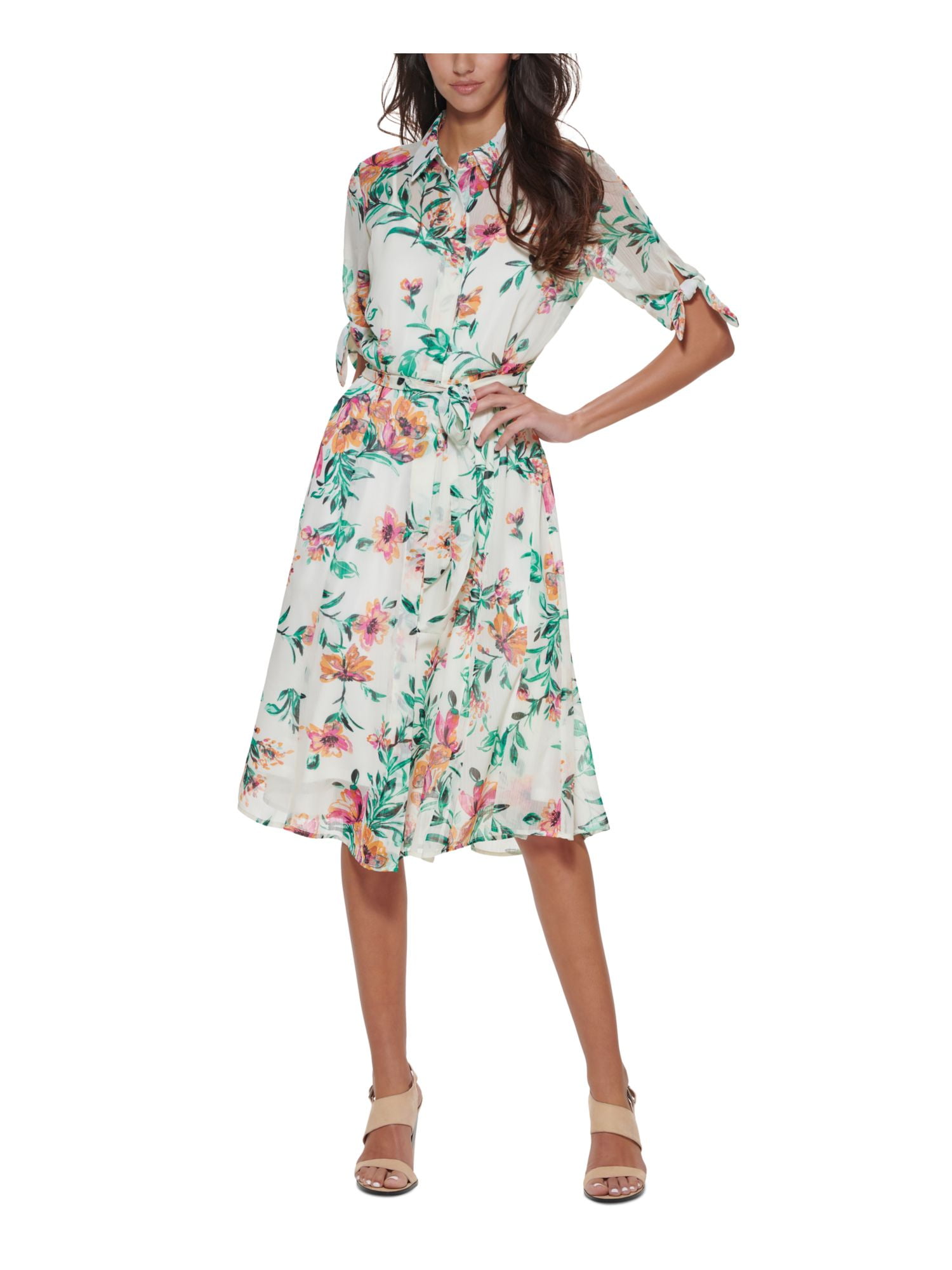 CALVIN KLEIN Womens Pink Belted Sheer Button Front Tie Cuffs Lined