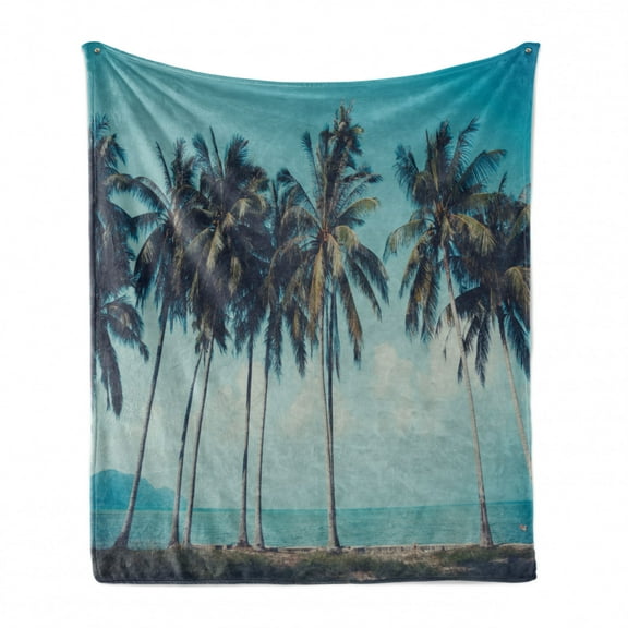 Palm Soft Flannel Fleece Throw Blanket, Retro Inspired Photo with Trees in Front of Sea and Summer Sky Tropical Shore, Cozy Plush for Indoor and Outdoor Use, 50" x 70", Multicolor, by Ambesonne