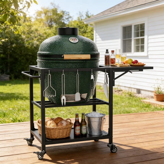 Noble House Heavy-Duty Rolling Grill Cart, Metal Outdoor Prep Table with Storage Shelf, Removable Central Cover, Black