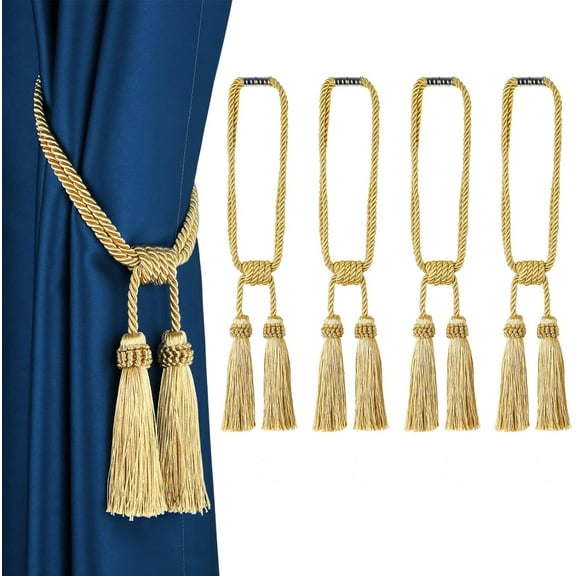 Magnetic Curtain Tiebacks 4Pack Tassel Curtain Tieback Modern Handmade Tie Backs,Decorative Tassel Holdback for Draperies,Window Decor(Gold)