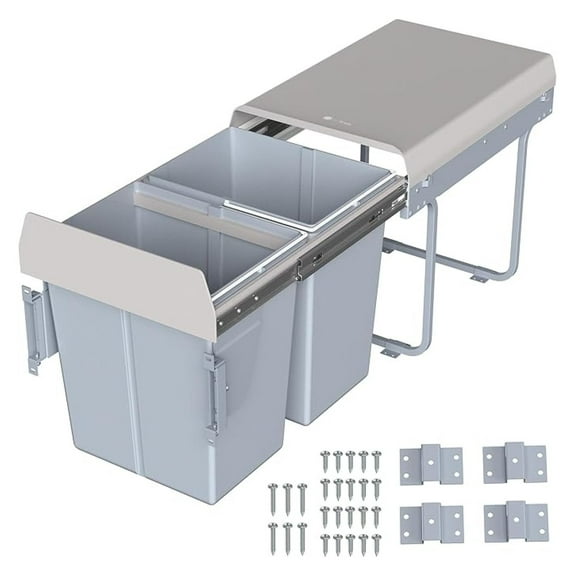 40L Dual Trash Can System, Under Cabinet Pull-Out Recycling Bin, Kitchen Waste Container - Gray