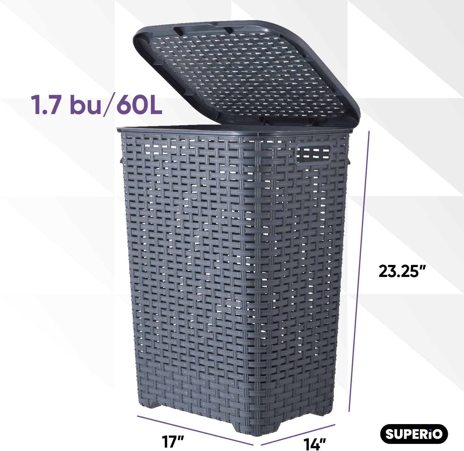 Superio 60L Large Wicker Plastic Laundry Hamper with Lid Grey 2 Pack