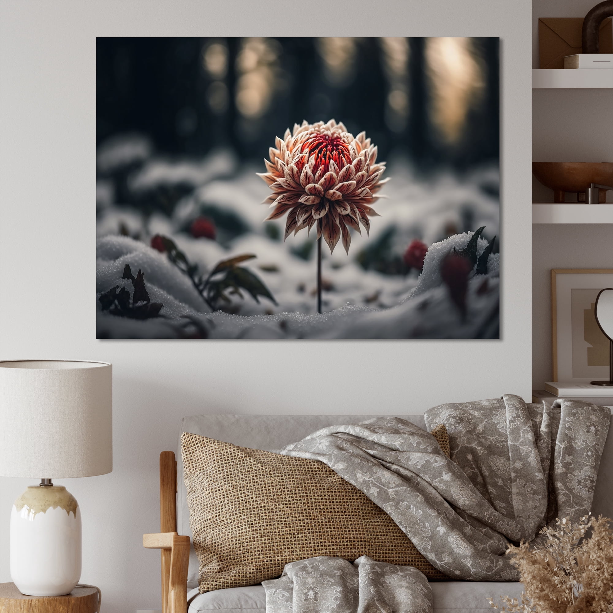 Designart A Blooming Red Dahlia Flower In Winter III Canvas Wall Art