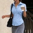 thumbnail image 6 of Pumxq Women Y2k Button Down Blouse Short Sleeve V Neck Collared Shirt Tops Slim Fit Coquette Going Out Tops Blue XL, 6 of 7