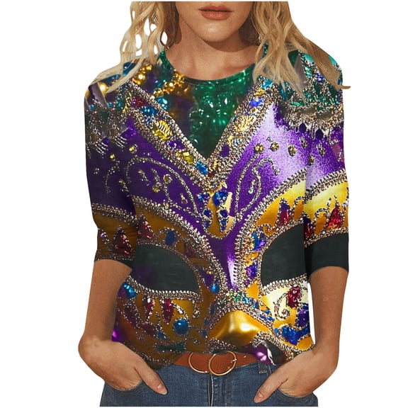 Tmtolofot Carnval Shirts Women 3/4 Sleeve Blouses Crewneck Pullover Tops Mardi Gras Mask Tshirts Loose Plus Size Clothing Party,#1_Purple,Large