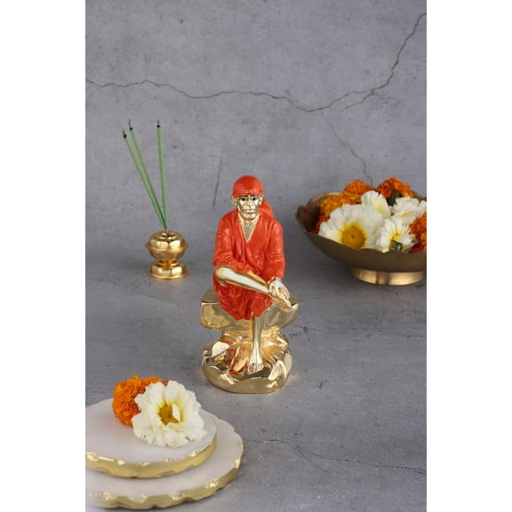 Sai Baba Idol in Orange & Gold - 4.5 Inches