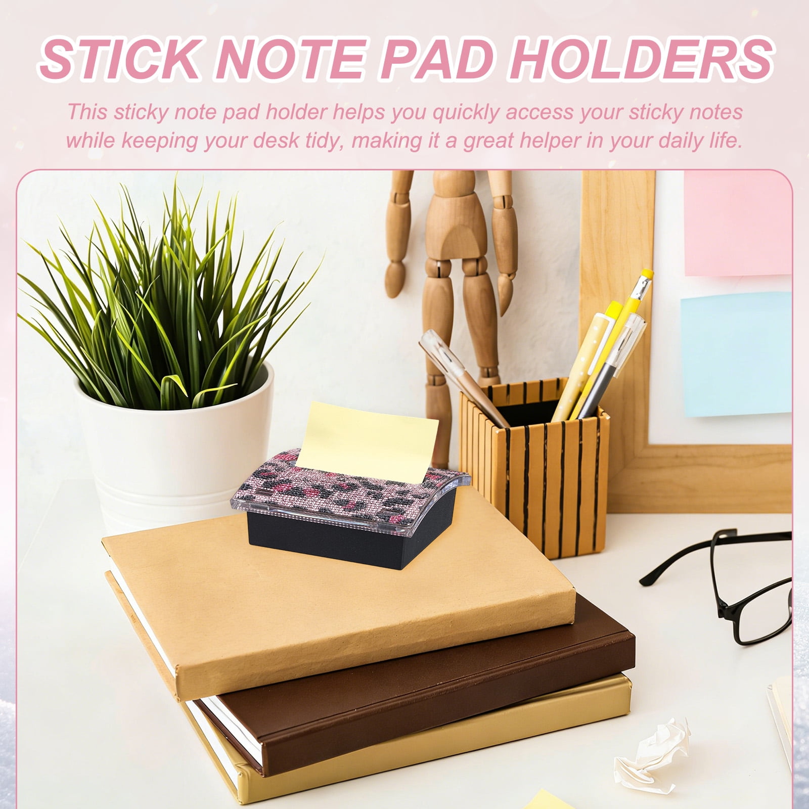 Stick Note Pad Holders, 4 x 4 Inches Rhinestone Sticky Note Dispenser Memo Pad Holder Office Desk Organizer Supplies for Office Home Desk Organization, Purple