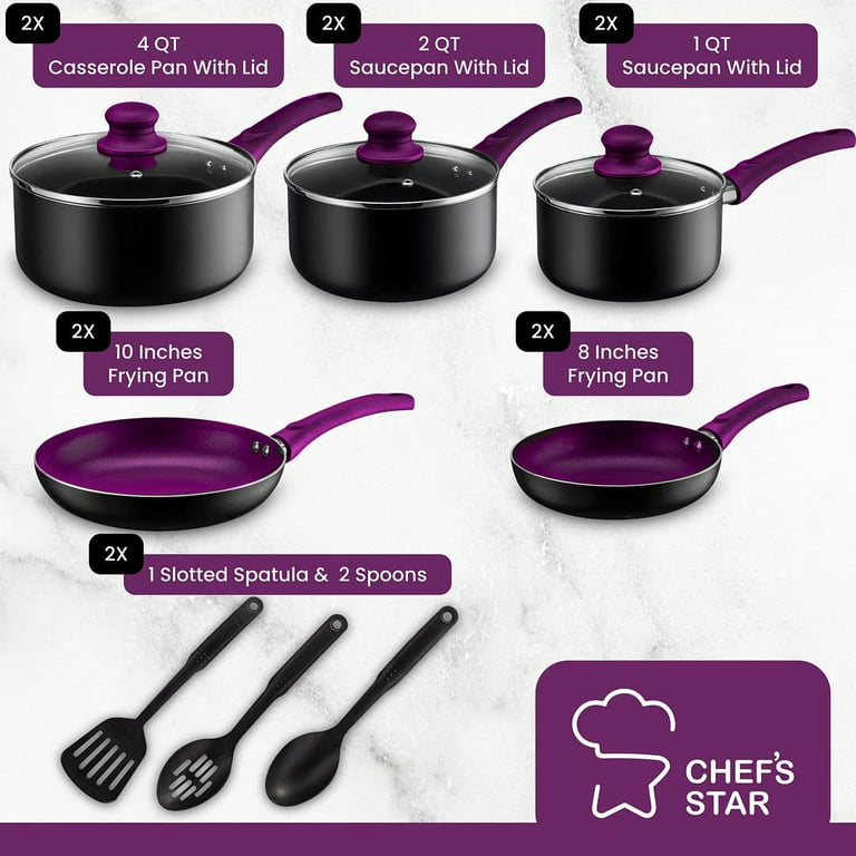 Chef's Star Pots And Pans Set Nonstick, Kitchen Cookware Sets, Aluminum  Cooking Essentials 2 Sets of 11 Pieces Purple 