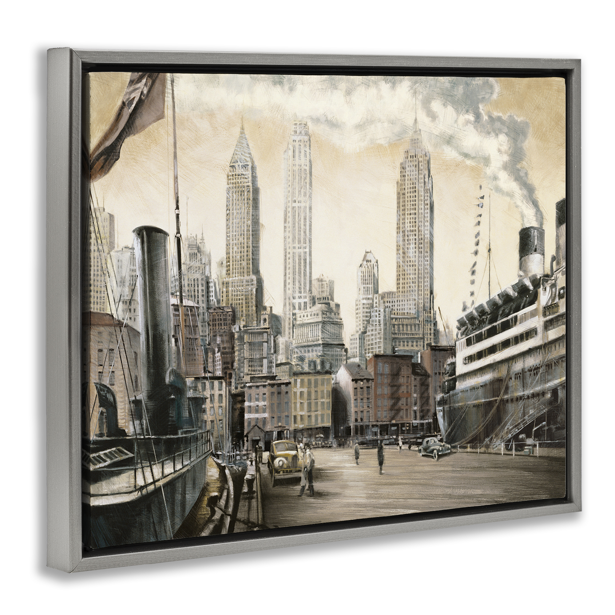 Stupell Industries Urban Boat Harbour Scenery Painting Gray Floater Framed Art Print Wall Art, 31 x 25