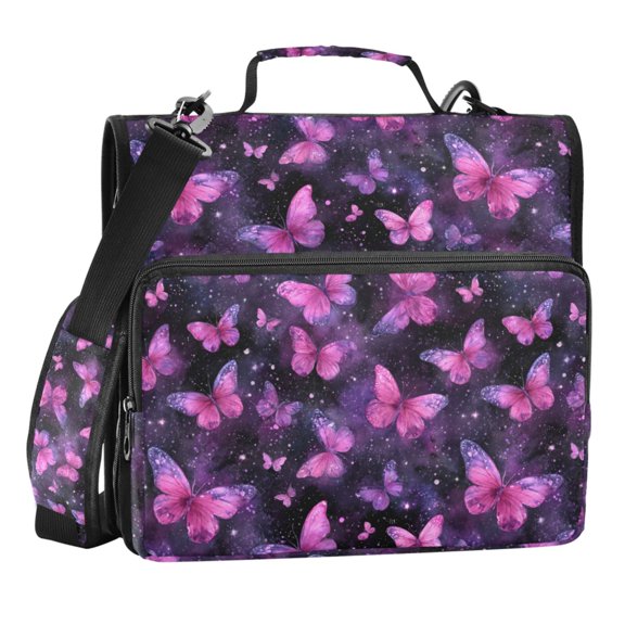 Zipper Binder Pink Butterfly 1.5 Inch Binder Folder Bag with Shoulder Strap and Handle