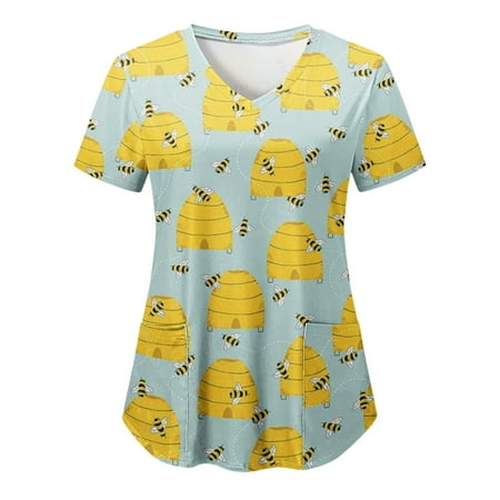

Women Scrubs Top Cartoon Printed Fashion Casual V Neck Valentines Day Printed Short Sleeve Protective Clothing Cute Fashion With Pocket Daily Nursing Uniforms Nursing Care Working Uniforms