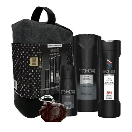AXE 6-Pc Black & Fresh Shower Gift Set with BONUS Trial Deo Body Spray (Body Spray, Body Wash, 3 in 1 Shampoo + Conditioner + Body Wash, Shower Bag, Pouf)