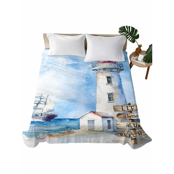 Queen Flat Sheet 90"x102", Nautical Blue Soft Lightweight Bedding Flat Sheets Only, Lighthouse Ocean Sailboat Summer Painting Brushed Microfiber Top Bed Sheet, Breathable StainResistant Bedsheets