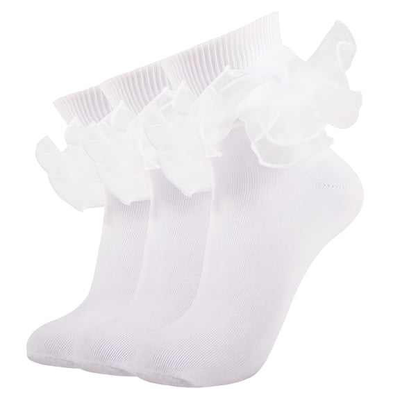 TELOLY Big Ruffle Ankle Socks for Women, White Socks Women Ankle, Double Lace Frilly Fold Cuff Socks, 3 Pairs, White