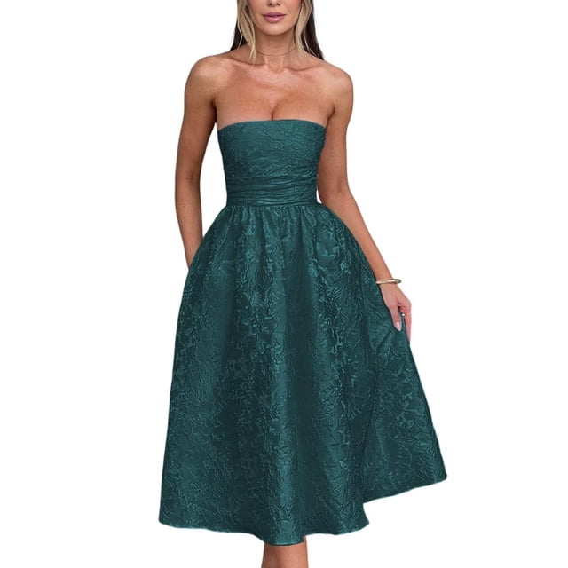 Vestidos de verano sin tirantes para el regreso a casa con bolsillos, corsé, línea A, midi, para fiesta de cóctel, vestidos de color verde azulado