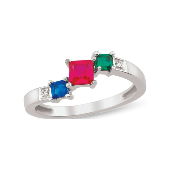 Personalized Triple Squares Birthstone Daughter's Ring in Sterling Silver with Diamond Accents by Jewlster