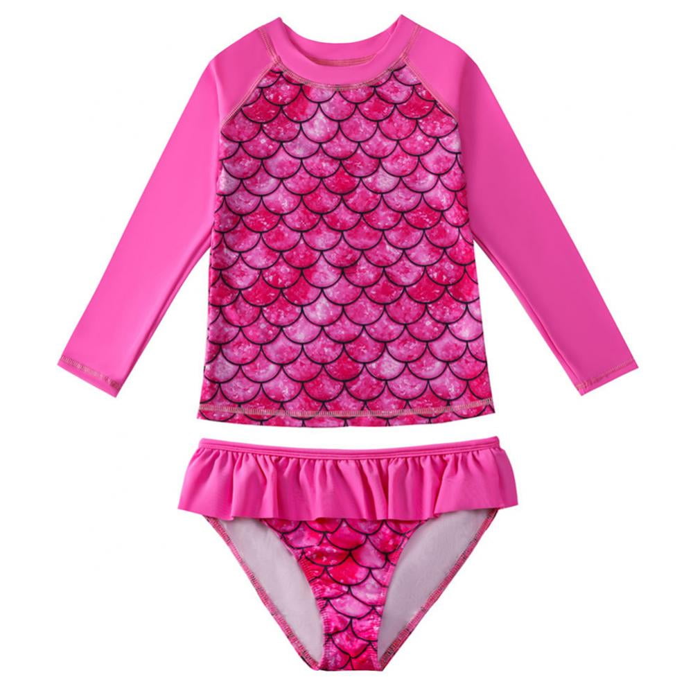 UV Sun Protective Baby Girls 2pc Swimsuit Long Sleeve Rash Guards Bathing Suit Ruffle Swimdress UPF 50+ 