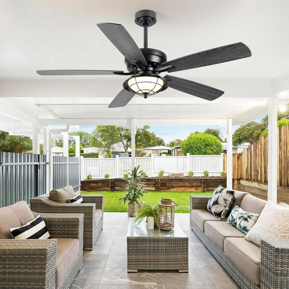PHORUS 52" Outdoor Ceiling Fan with Light and Remote, Waterproof Black Ceiling Fan, 6-Speed Quiet DC Motor, 3-Color LED Lighting, Wet Rated for Patio, Gazebo, or Backyard