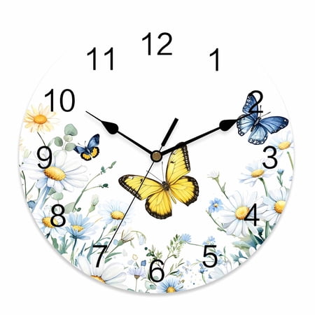 Silent Wall Clocks Battery Operated, Rustic Summer Round Decorative Wall Clock for Living Room Bedroom Kitchen Bathroom Classroom Decor, 14 Inch Daisy Butterfly Yellow Ivory White