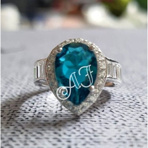 Aishvi Jewels 4Ct Pear Brilliant Cut London Blue topaz & Baguette Diamond Halo Engagement Wedding Ring 14K White Gold Over Gift For Her ,Birthday Gift