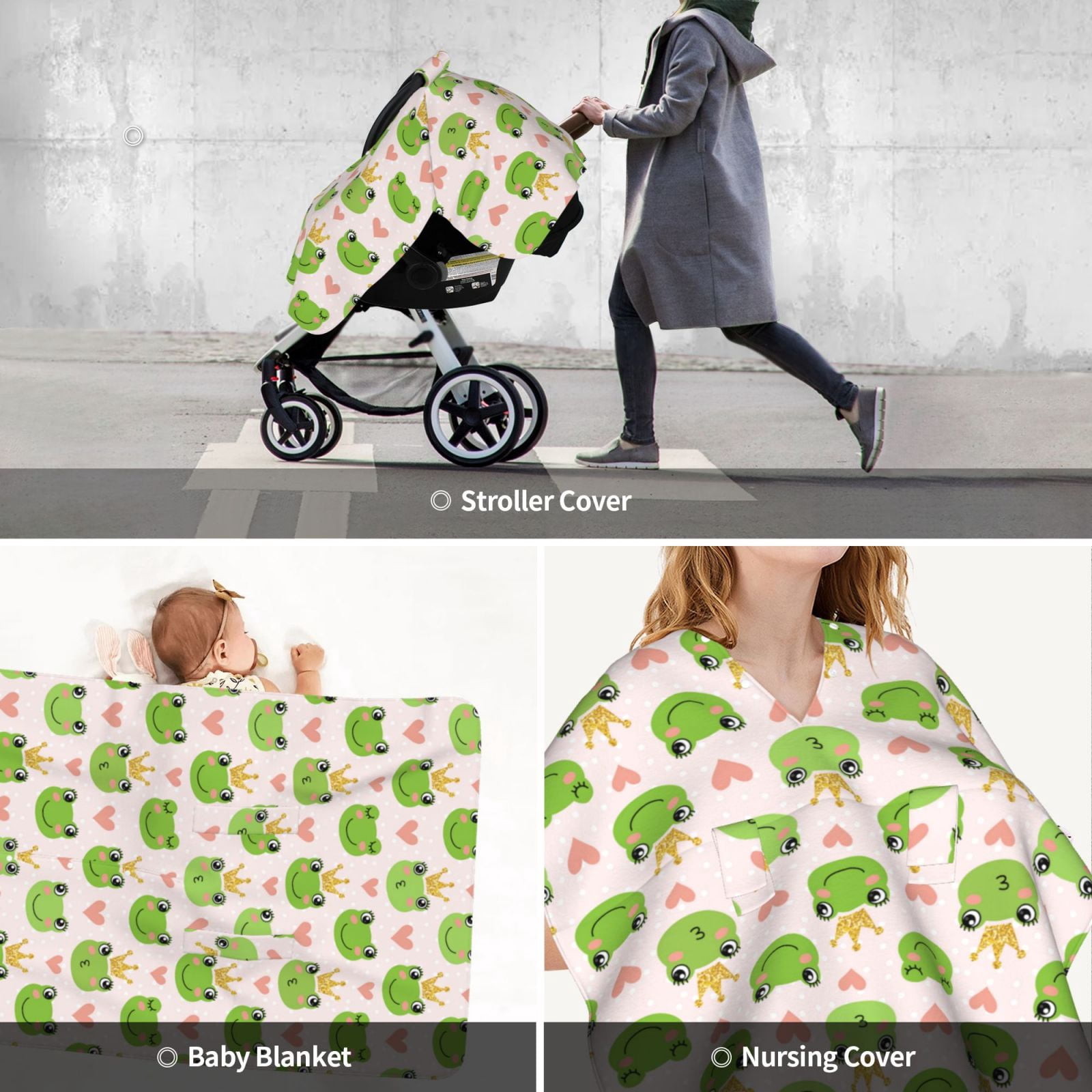 Car Seat Cover Baby - cute frogs crowns heart pink Breathable Infant Car Seat Cover for Baby Carseat, Lightweight Comfort Baby Essentials Must Haves Newborn Stuff for Girl Boy