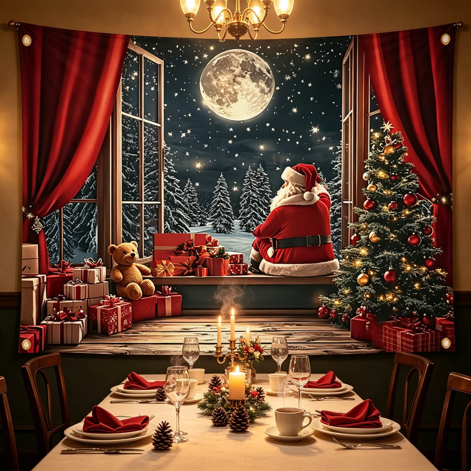 Tuvgenk Christmas Wall Tapestry Polyester Holiday Backdrop Soft‑Print Santa‑Tree Motif for Small‑Space Living‑Room Home Party Photo‑Shoot Decor