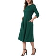 thumbnail image 4 of INSPIRE CHIC Women's Elegant Work Dress 3/4 Sleeve Pleated Round Neck Swing Midi Dress M Dark Green, 4 of 5
