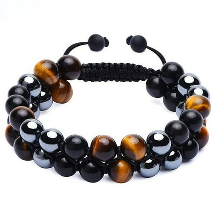 Healing Tigers Eye Black Obsidian Hematite 8mm Stone Beads Good Luck Triple Protection Bracelet for Men Women