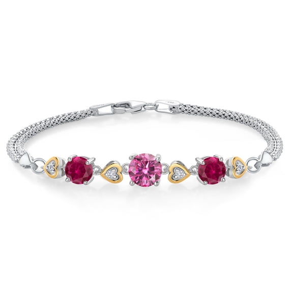 Gem Stone King 925 Sterling Silver and 10k Yellow Gold Pink Moissanite Red Created Ruby and White Lab Grown Diamond Bracelet for Women (3.28 Cttw, Round 7MM and 6MM, 6.5/7/7.5 inch, Made in Italy)