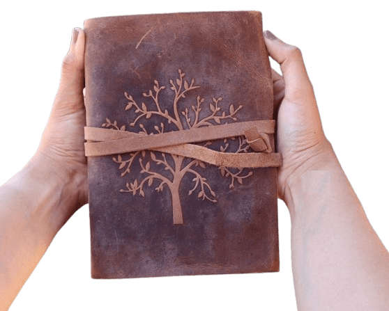 Handmade Leather Journal with Tree of Life Embossing – 5x7 Inch Vintage Notebook, 200 Deckle Paper Pages, Rustic Wrap Closure