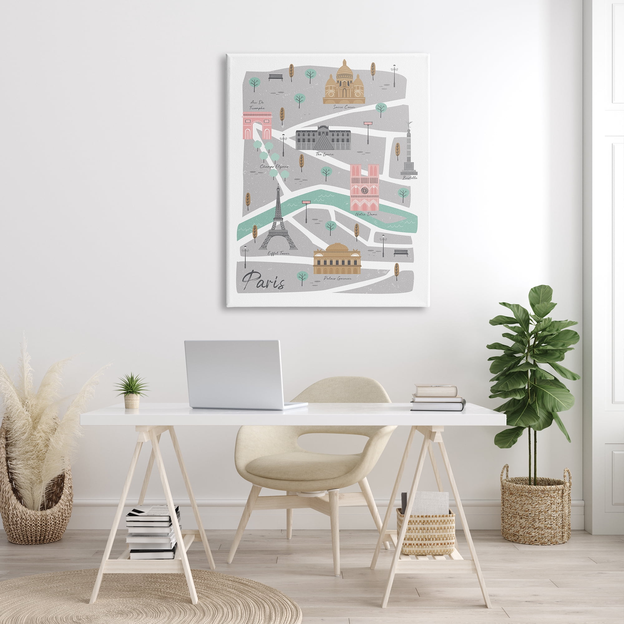 Stupell Industries Paris Landmark Map French City Illustration Pink Grey, 36 x 48, Designed by Angela Nickeas