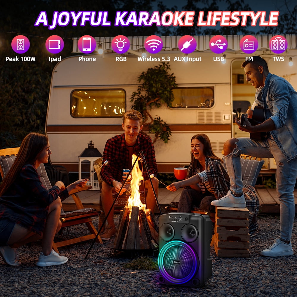 Portable Bluetooth Speaker with Microphones Rechargeable 8-inch Karaoke Machine with RGB Light Effects Supports USB SD AUX TWS FM Radio for Party Wedding Home KTV