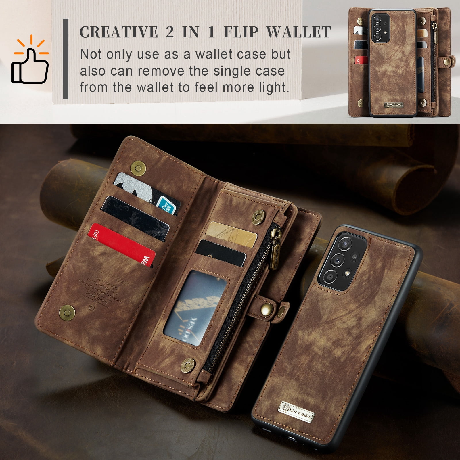Feishell Durable 2- In-1 Magnetic Detachable Wallet Case for Samsung Galaxy A52 4G/5G,for Women Men,Premium PU Leather Zipper Pocket Flip Multi Card Slots Purse Phone Case with Wrist Strap,Darkbrown