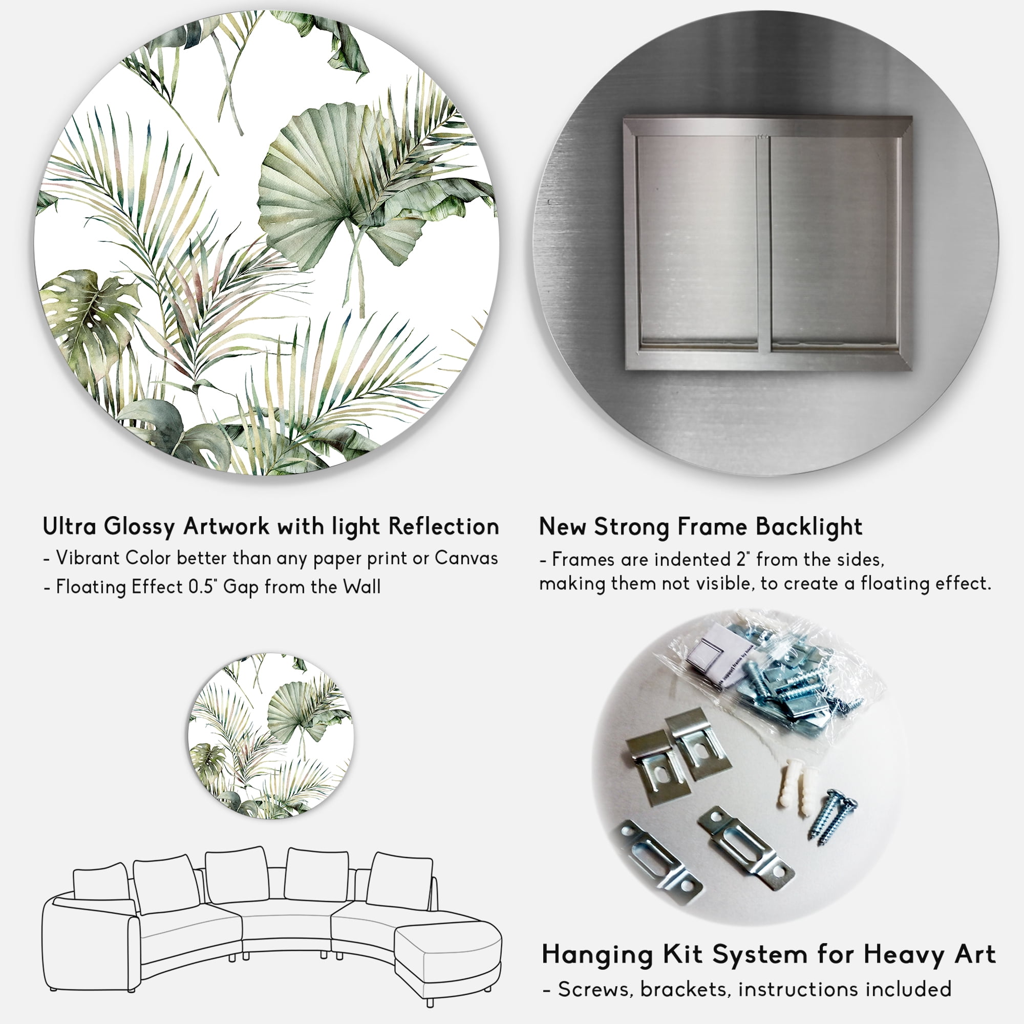 Designart 'Monstera and Coconut Leaves With Tropical Pattern' Traditional Circle Metal Wall Art 11x11 - Disc of 11