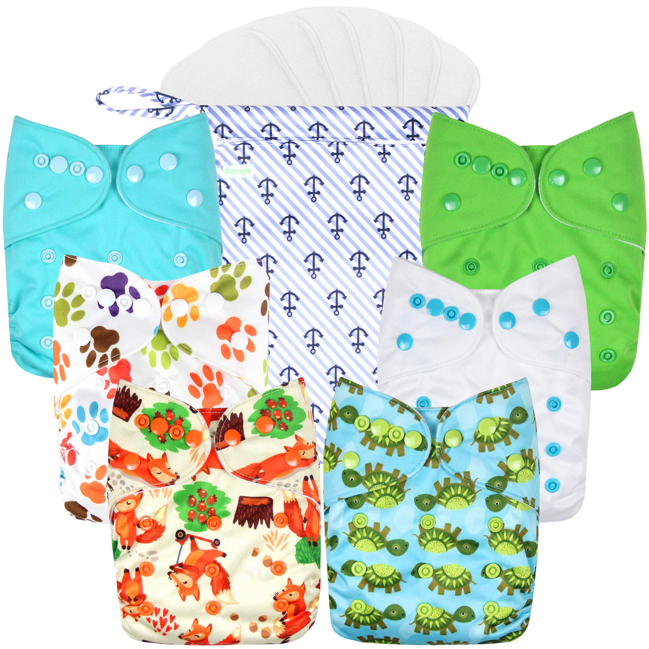 Wegreeco Washable Reusable Baby Cloth Pocket Diapers 6 Pack 6 Bamboo Inserts with 1 Wet Bag, Car, Airplane 