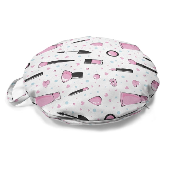 Blue and Pink Round Floor Cushion with Handle, Feminine Pattern with Makeup Supplies Brush Lipstick, Decorative Pillow for Living Room & Dorms, 18" Round, Pale Pink Charcoal Grey, by Ambesonne