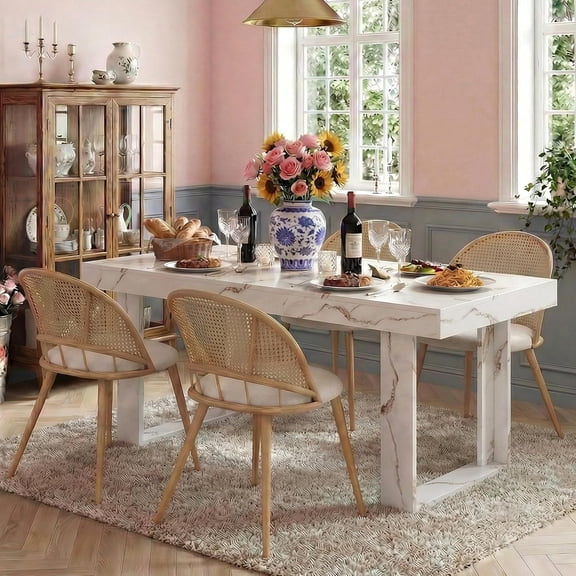 LAZZO 71"-87" Expandable Dining Set, 5-Piece Farmhouse Rectangular Wood Table with 4 Upholstered Chairs, White