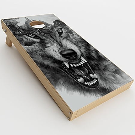 Skin Decals Vinyl Wrap for Cornhole Game Board Bag Toss (2xpcs.) / Angry Wolf Growling Mountains
